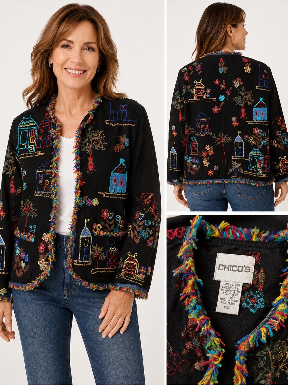 VTG Chico's Black Embroidered Cotton Jacket with Multicolor Trim size 1